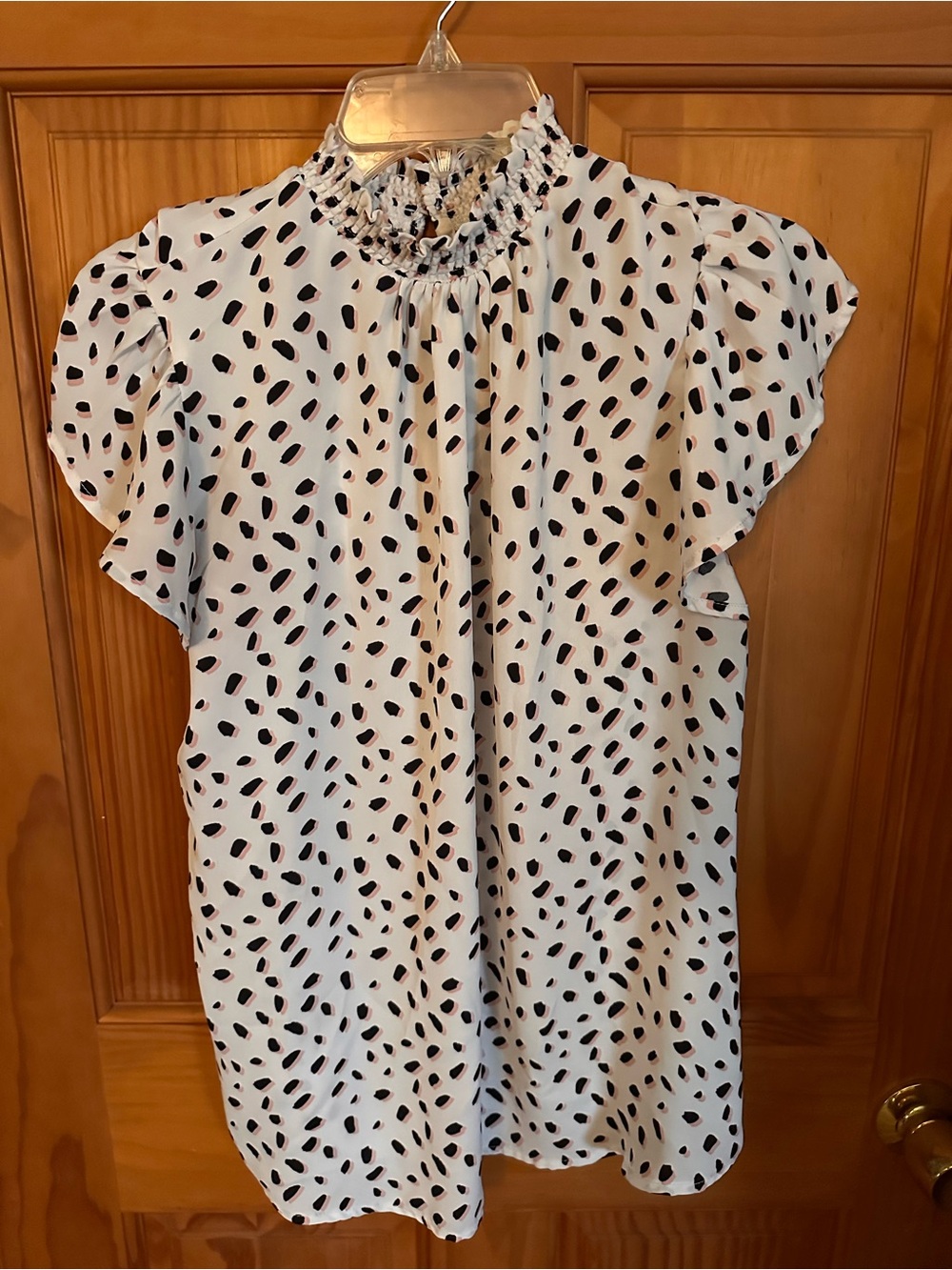Massini White Blouse with Black Spot Print and Smocked Neck